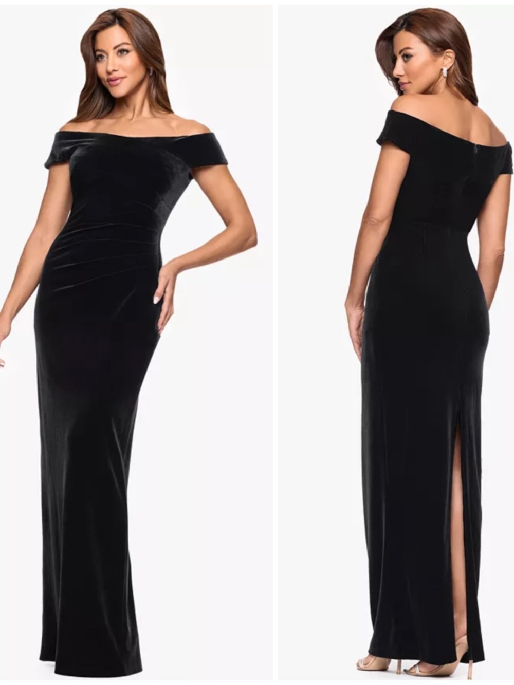 NEW XSCAPE Black OFF THE SHOULDER Velvet RUCHED Evening Dress GOWN 6